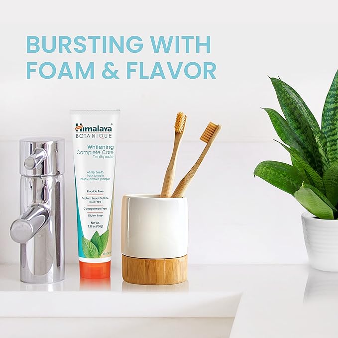 Himalaya Botanique Whitening Complete Care Toothpaste, Teeth Whitening, Fights Plaque, Fluoride Free, No Artificial Flavors, SLS Free, Cruelty Free, Foaming, Simply Mint Flavor, 5.29 Oz, 4 Pack