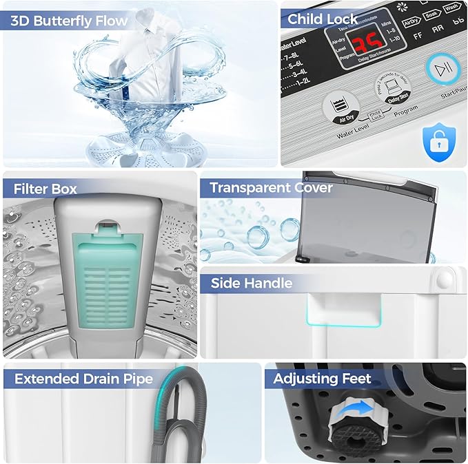 Nictemaw Portable Washing Machine 20Lbs Capacity 2.8 Cu.ft Portable Washer and Dryer Combo with 10 Programs and 8 Water Level Selections Compact Washer Machine for Apartments, Home, Dorms, Rv