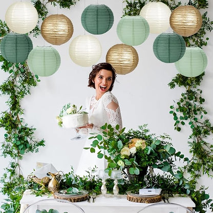 Paper Lanterns Sage Green Gold Round Hanging Chinese Lanterns for Birthday Party Baby Shower Bridal Shower Decorations Pack of 12