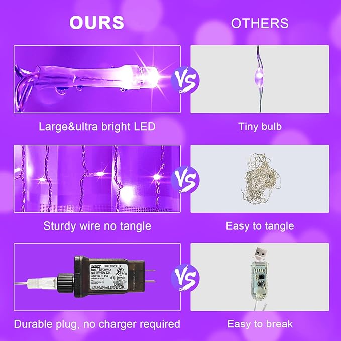 JMEXSUSS 300LED Purple Halloween Lights with Remote, Curtain Hanging Light Plug in, 8 Modes Purple String Lights for Bedroom Window Wall Party Backdrop Christmas Halloween Decorations
