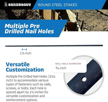 Sandbaggy Round Steel Concrete Form Stakes with Nail Holes - Rust Resistant Coating - Removable, Reusable (20, 3/4 in X 60 in)