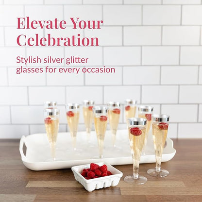 Prestee Set of 24 Silver Glitter Plastic Champagne Flutes - 4.5 oz Capacity - Shatterproof Durable Disposable Glasses - Elegant Design - Ideal for Weddings, Cocktail Parties, and Outdoor Celebrations