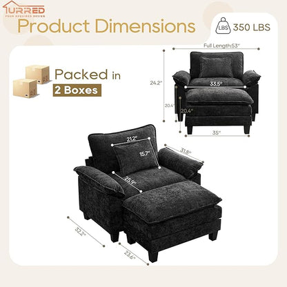 URRED Modular Sectional Sofa Comfy Cloud Couch, Modern Chenille Sofa Sleeper Deep Seat Couches with Ottoman/Pillows for Living Room (Black, 53''- Ottoman)