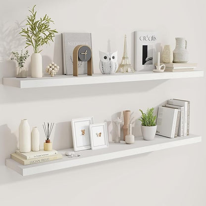 Fun Memories 55 Inch Fireplace Mantel Shelf -Long Floating Shelves, Deep Wall Mounted Farmhouse Display Shelves with Invisible Heavy Duty Metal Bracket, White, 2 Pack