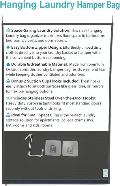 Hanging Laundry Hamper Bag – Space-Saving Dirty Clothes Storage with Free Adjustable Stainless Steel Over-the-Door Hooks & Suction Cup Hooks – Ideal for bathrooms, bedrooms & dorms (2, Gray)