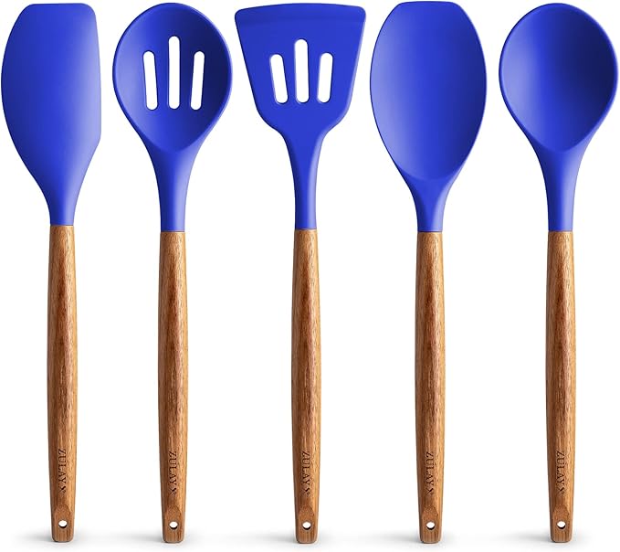 Zulay Kitchen Non-Stick Silicone Cooking Utensils Set with Acacia Wood Handles - 5 Piece Set - Heat Resistant to 464F - Dark Blue