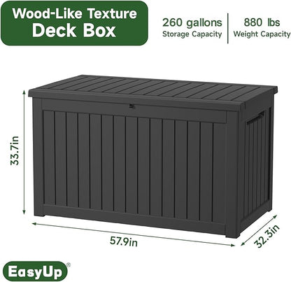 260 Gallon Outdoor Storage Box Waterproof, UV Resistant Resin Deck Box with Hydraulic Rod, Lockable Design and Enhanced Durability for Patio, Garden, and Poolside Use
