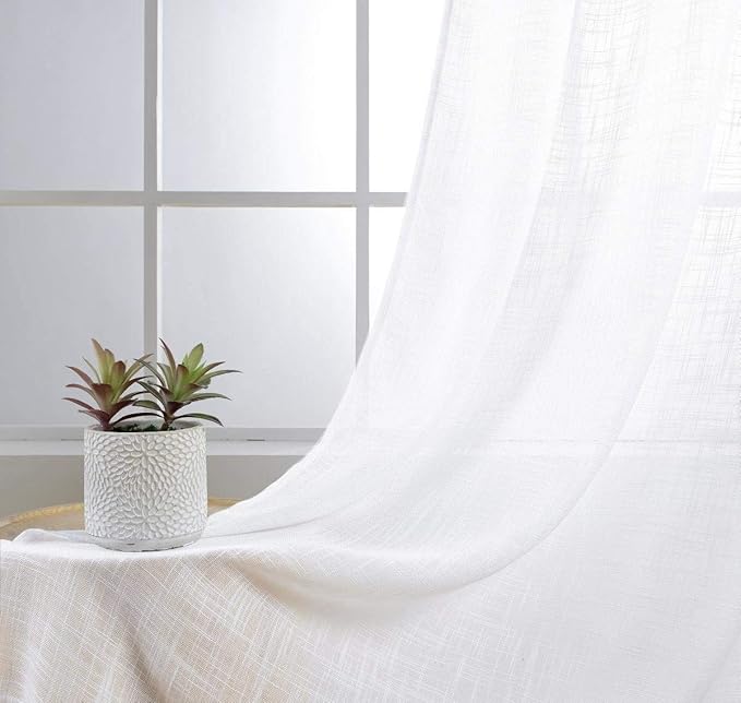 MIUCO Sheer Curtains 84 Inch Long White Living Room Curtains Semi Voile Sheer Panels Linen Textured Grommet Curtains Window Curtain Panels, 37 x 84 Inches Length Set of 2 Drapes