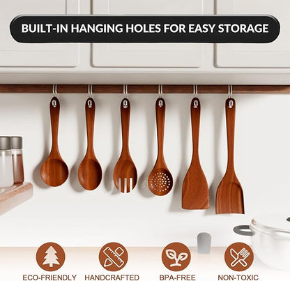 6-Piece Acacia Wood Cooking Utensil Set – Wooden Kitchen Pan Toolset for Nonstick Cookware – Includes Spoons & Spatulas – Non-Scratch, Eco-Friendly Cooking Tools – Everyday Use - Lifetime Replacements