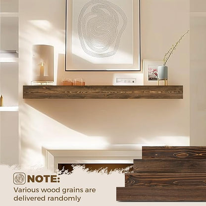 48x8x3 Fireplace Mantel - Handcrafted Hollow Rustic Solid Wood Wall Mounted Floating Shelf with Invisible Heavy Duty Wood Bracket (Weathered Brown)