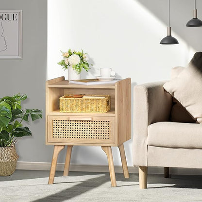Lerliuo Rattan Nightstand, Boho Side Table with Drawer Open Shelf, Cane Accent Bedside End Table with Solid Wood Legs for Bedroom, Dorm and Small Spaces (Natural)
