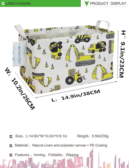 LANGYASHAN Rectangular Storage Bin Collapse Canvas Fabric Cartoon Storage Basket with Handles for Organizing Home Kitchen Boys and Girls Toys Office Closet Shelf Baskets (Rec Engineering Vehicle)