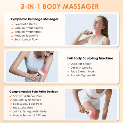 4-in-1 Handheld Lymphatic Drainage Anti Cellulite Body Sculpting Massager | Red Light Heat Vibration, Relieve Lymphedema Lipedema, Full Body Deep Tissue Pain Relief, Cordless Portable