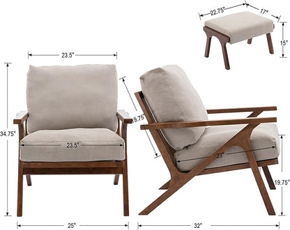 chairus 2 Sets Mid-Century Modern Accent Chairs with Ottoman, Linen Fabric Armchair with Wood Legs Comfy Upholstered Single Sofa Chair for Living Room/Bedroom/Lounge, Beige