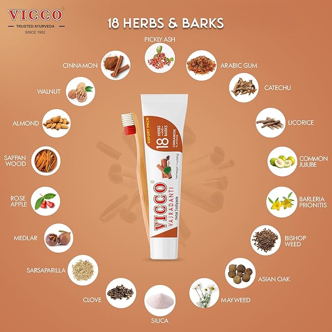 Vicco Vajradanti Ayurvedic Herbal Toothpaste by Vicco – 70 Year Legacy of Ayurveda, Cinnamon Flavour, with 18 Ayurvedic Herbs & Barks, 100% Natural, Vegan, Fluoride-Free & Cruelty-Free – 7 oz (1 Pack)