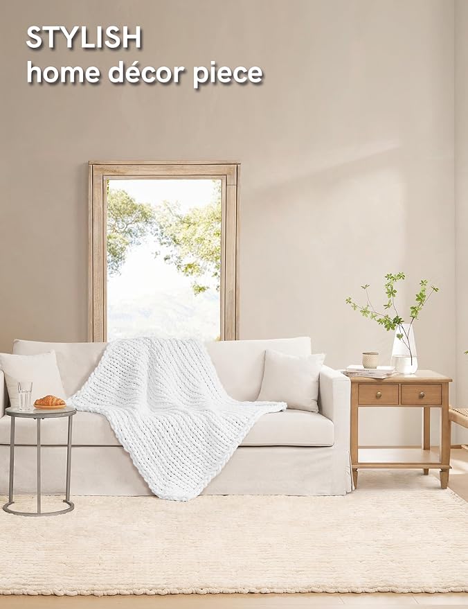 YnM Chunky Throw Blanket, Hand Knitted with Chenille Yarn, Skin Friendly, Ventilated and Breathable, Machine Washable, Home Décor Piece for Couch, Sofa and Bed (White, 30x40 Inch)