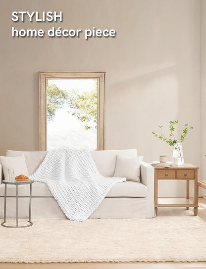 YnM Chunky Throw Blanket, Hand Knitted with Chenille Yarn, Skin Friendly, Ventilated and Breathable, Machine Washable, Home Décor Piece for Couch, Sofa and Bed (White, 30x40 Inch)