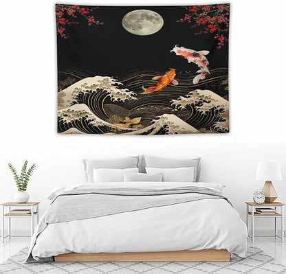 Houselerax Koi Fish Tapestry, Japanese Style Yin Yang Big Wave Cherry Blossom Tapestries Wall Hanging for Bedroom Living Room Office Decor 40"x30"