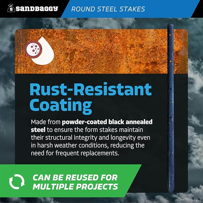Sandbaggy Round Steel Concrete Form Stakes with Nail Holes - Rust Resistant Coating - Removable, Reusable (20, 3/4 in X 18 in)