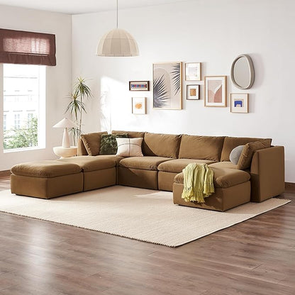 mopio Oversized Modular Sectional Sofa with Fully Removable Covers and Storage, Convertible U & L Shaped Sectionals, Modern Cloud Couch with Ottoman Chaise (Hazelnut Velvet, 7 Seats, U)
