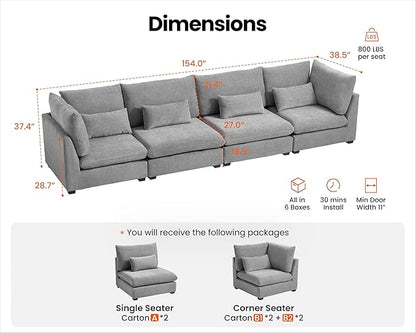 Oversized Modular Sofa, Extra Deep Cloud Chenille Sectional Couch with Ottoman Chaise, Fluffy Chenille 4 Seater Sofa for Living Room, Villa (Basic 4 Seater, Chenille Grey)