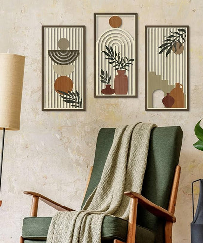 Putuo Decor Boho Wall Art Set of 3, Abstract Geometric Wooden Wall Decor, Mid-Century Modern Aesthetic Artwork with Arch, Vase & Botanical Design for Living Room, Bedroom, Office, 16.5 x 8.6 Inch