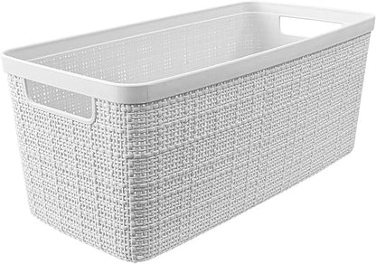 Curver Jute Decorative Plastic Organization and Storage Basket Perfect Bins for Home Office, Closet Shelves, Kitchen Pantry and All Bedroom Essentials, Slim, White, Set of 8