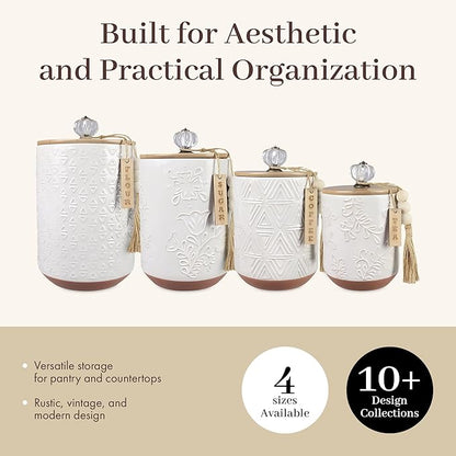 Youngs 21207 Ceramic Canister with Wood Lid and Silicon Seal, Crystal Knob and Blessing Bead Tassel Accent, 4-piece Set
