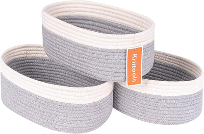 Baskets for Shelf Storage Cute Basket to Store and Organize Household Items/Woven Rope Basket for Living Room, Bedroom,Playroom/Durable Small Oval-13x8.66x5.11’’,3 Packs Off White&Gray