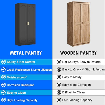 60" Tall Kitchen Pantry Cabinet, Metal Pantry Cabinet with Doors and Adjustable Shelves, Black Utility Storage Cabinet with Handles for Dining Room, Bathroom, Laundry Room - Assemble Required