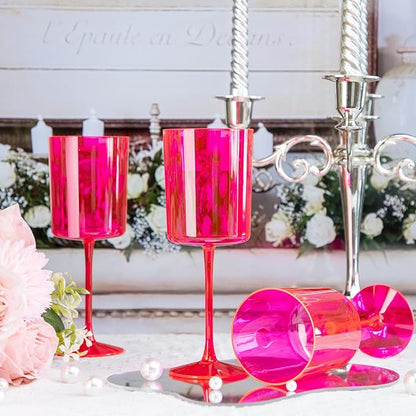 Ciaell 12 Pack Plastic Wine Glasses - 10Oz Hot Pink Plastic Wine Glasses With Stem - Disposable Stemmed Cups for Parties & Weddings