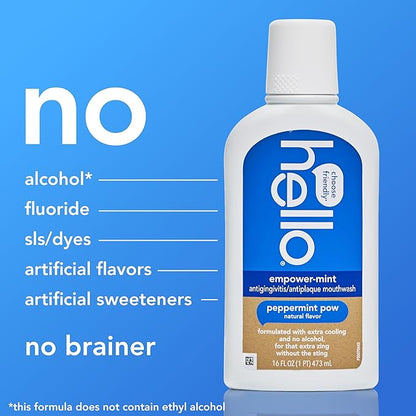 hello Empower-Mint Fluoride Free and Alcohol Free Mouthwash, Non Alcoholic Mint Mouthwash Pack, Peppermint Pow, 3 Pack, 16 Fl Oz Bottles