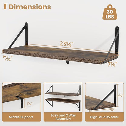 Heimlove 24 Inches Rustic Brown Floating Shelves,8 Inches Deep Wall Bookshelf Mounted Display&Storage Wood Wall Shelves for Kitchen Bathroom Laundry Living Room,Set of 3