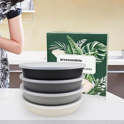 greenandlife 9 Inch 4PCS Divided Plates with Lids, Portion Control Plates for Kids Adults, Dishwasher Microwave Safe Compartment Plate, Unbreakable Lightweight Reusable Wheat Straw Plate, Grey Black