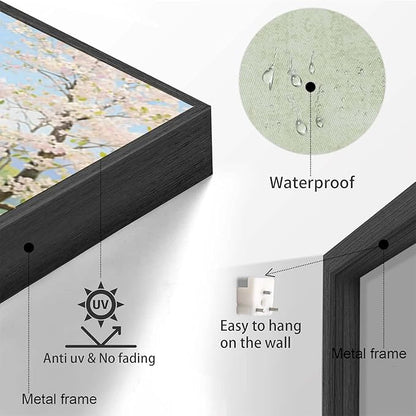 The scenery of a stream between trees and cherry blossoms under the blue sky is suitable for posting in the living room bedroom office landscape posters