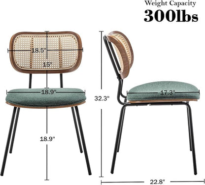 Rattan Dining Chairs Set of 2, Mid Century Modern Dining Chairs with Cane Back for Kitchen Dining Room, 19 Inch Fabric Green