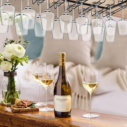 Xverycan Wine Glass Rack Under Cabinet, 8 Row Extreme Large Stemware Hanger, Metal Wine Goblet Holder, DIY Bar Glass Storage Rack for Bar Counter, Kitchen, Screws Included (Black)