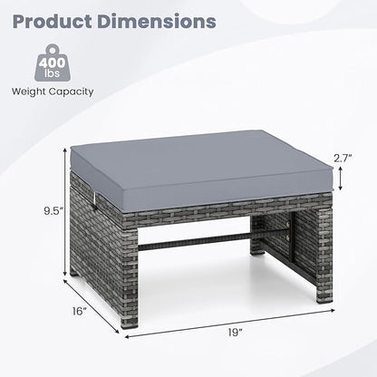 Tangkula 2 Pieces Patio PE Rattan Ottomans, Multipurpose Outdoor Footstool Footrest Additional Seating Side Table with Soft Zippered Cushions for Deck, Garden, and Yard (Gray)