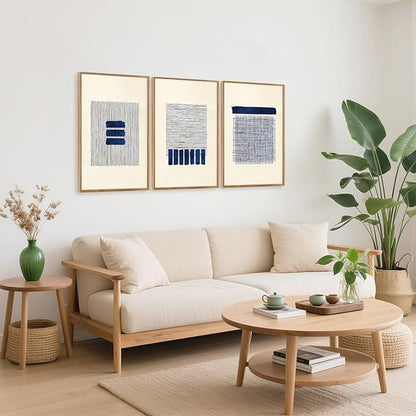 Aurlan Boho Christian Line Art Framed Wall Decor(16"x24"), 3PCS Minimalist Jesus Leavs the 99 Sheep Lamb Bible Story Canvas Artwork, Neutral Abstract Beige Navy Blue Religious Painting for Bedroom Living Room
