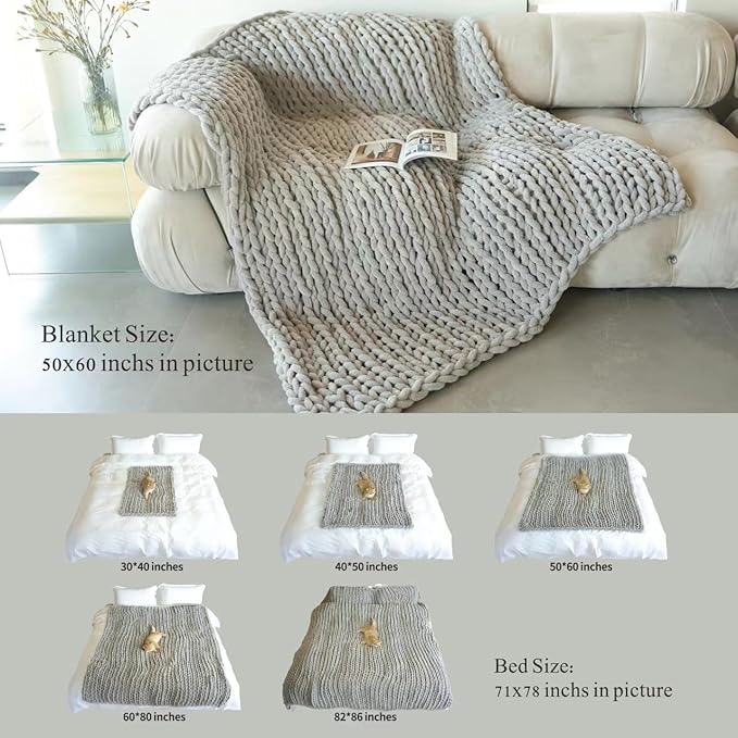 Maetoow Chenille Chunky Knit Blanket Throw （50×60 Inch）, Handmade Warm & Cozy Blanket Couch, Bed, Home Decor, Soft Breathable Fleece Banket, Christmas Thick and Giant Yarn Throws, Baby Blue