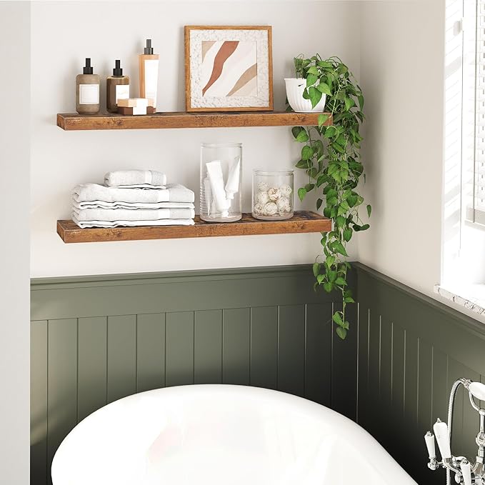 HOOBRO Floating Shelves for Wall, Wall Mounted Shelf Set of 2, 31.5" Hanging Shelf with Invisible Brackets, for Wall in Bathroom, Bedroom, Toilet, Kitchen, Living Room, Office, Rustic Brown BF80BJP201