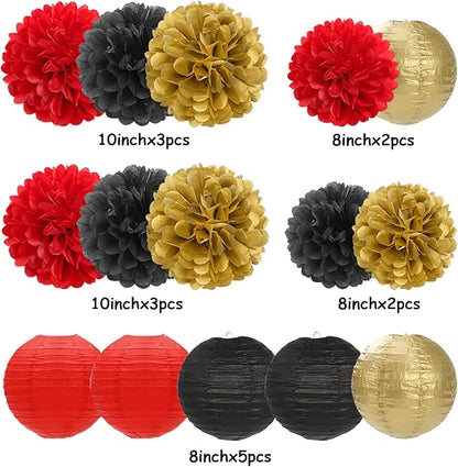 Red-Black Gold Party-Decorations Paper Flowers Lanterns - 15PCS Casino Theme Halloween Tissue Pom Poms Streamers,Game Night Women Men Birthday Wedding Bachelorette Hanging Supplies Decor Hugfond