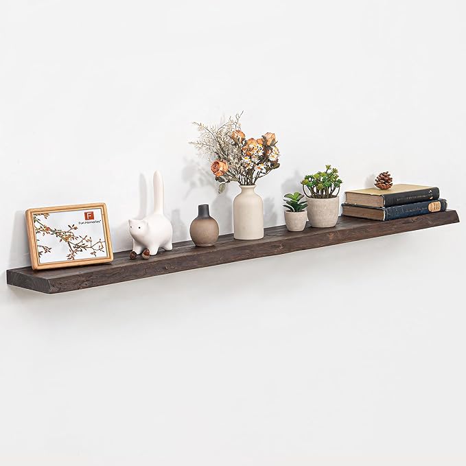 55 Inch Floating Shelves, Live Edge Elm Wood Floating Shelf for Wall, Wall-Mounted Display Shelves with Invisible Heavy-Duty Bracket, Long Floating Shelf for Kitchen, Living Room, Walnut Finish