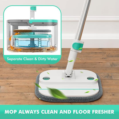 Upgraded Spin Mop and Bucket Self-Standing Mop Bucket Separate Dirty and Clean Water System Self Wringing 360° Rotating & 90° Foldabl Mops and Buckets for Floor Cleaning (Blue, 10Pads)
