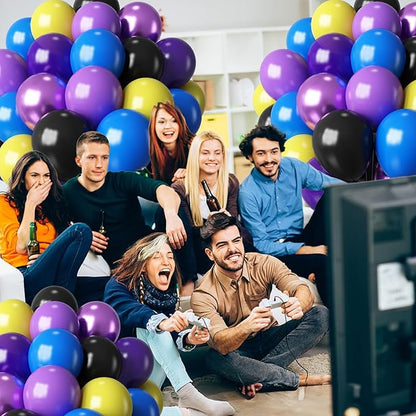 Purple Blue Yellow Black Balloons 60 Pcs Metallic Purple Royal Blue Black Yellow Game Latex Balloon Gaming Party Balloon for Kids Gamer Night Birthday Graduation Party Decoration Supplies
