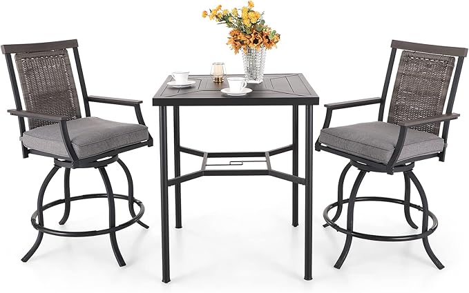 PHI VILLA 3 PCS Patio Bar Set, Bar Height Chair with 3.5" Thicker Cushion & Retro-Metal Square Table,Sturdy and Durable,Outdoor Height Bar Dining Set for Poolside,Yard