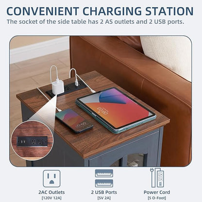 Narrow Side Table,Farmhouse Nightstand with Charging Station,Wood End Table with Glass Barn Door Storage, Cabinet Organizer with Adjustable Shelf, Night Stand for Small Spaces for Living Room Bedroom