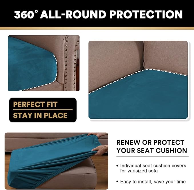 PrinceDeco Stretch Sofa Cushion Covers for Couches and Sofas,Soft Velvet Couch Seat Covers, Sofa Covers Washable, Seat Cushion Cover for 3 Couch Sofa Pet Friendly - Deep Teal, Each Width Up to 29.5"