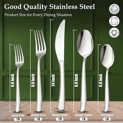 Aisoso 40-Piece High-End Silverware Set with Forks Spoons and Knives, Stainless Steel Serving Utensils for 8 with Mirror Finished Handle, Durability and Dishwasher Safe for Restaurant, Weddings