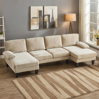 Karl home U-Shape Sectional Sofa Couch 111" Modern 4-Seat Sofa with Chaises Chenille Fabric Upholstered Covertible Couch with Wood Grain Legs for Living Room, Reception Room, Apartment, Khaki